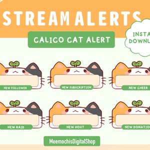 Static calico cat stream alert package (6) for Twitch︳Overlays Frames Cute kitty kawaii sprout︳ bundle instant download green Pack