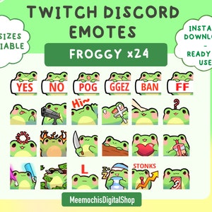 Frog emote pack (24) ｜ twitch  discord badges｜streaming emote cute froggy toad knife bubble tea signs stream stonks｜kawaii bundle