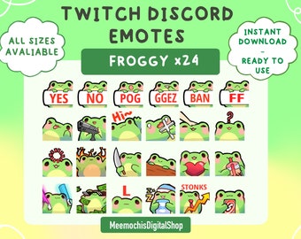 Op de afbeelding: Een set van 24 Twitch- en Discord-emotes met een groene kikker met verschillende uitdrukkingen en acties. De emotes omvatten "YES", "NO", "POG", "GGEZ", "BAN", "FF", "Hi", "STONKS", en meer. De emotes zijn ontworpen in een schattige cartoon-stijl.