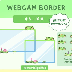 Puede incluir: Borde de webcam verde con una rana asomándose por encima. El borde está disponible en las relaciones de aspecto 4:3 y 16:9. El texto "INSTANT DOWNLOAD" está en una forma de nube blanca. El texto "MeemochisDigitalShop" está en la parte inferior de la imagen. Hay varias ilustraciones de ranas con diferentes sombreros.