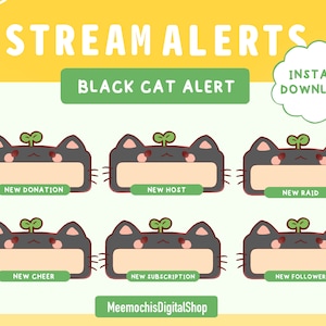 Static black cat stream alert package (6) for Twitch︳Overlays Frames Cute kawaii sprout︳ bundle instant download green Pack