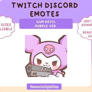 Puede incluir: Personaje de dibujos animados morado con orejas de conejo sosteniendo una pistola. El personaje tiene una calavera en la cabeza y lleva un atuendo morado con capucha. El texto "GUN DEVIL PURPLE VER." está encima del personaje. El texto "INSTANT DOWNLOAD READY TO USE" está en un globo de diálogo en la esquina superior derecha. El texto "ALL SIZES AVAILABLE" está en un globo de diálogo en la esquina superior izquierda. El texto "MeemochisDigitalShop" está en la parte inferior de la imagen.