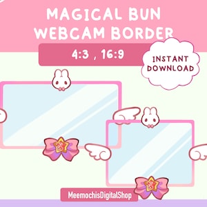 Puede incluir: Una descarga digital de dos bordes de cámara web con un tema de moño mágico rosa y blanco. Los bordes están en las proporciones 4:3 y 16:9. Los bordes presentan un marco rosa con un conejito blanco, un lazo rosa con una estrella y alas blancas.