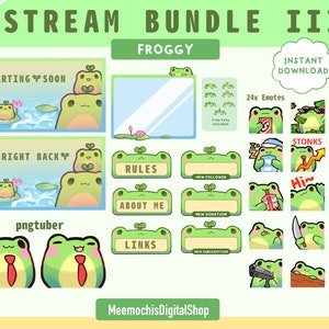 May include: A digital download bundle of Twitch stream overlays and emotes featuring a cartoon frog character. The bundle includes starting soon, be right back, rules, about me, links, new follower, new donation, new subscription, and 24 emotes. The emotes include a frog wearing a hat, a frog holding a cup of coffee, a frog holding a knife, and a frog holding a gun.