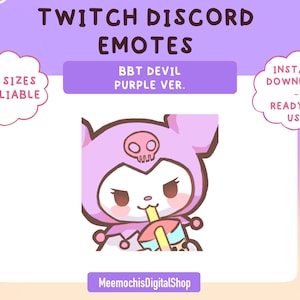 Puede incluir: Un personaje de dibujos animados morado y rosa con una calavera en la cabeza, bebiendo un té de boba con una pajita. El personaje lleva un atuendo con capucha morado y rosa. El texto "BBT DEVIL PURPLE VER." está encima del personaje. El texto "TWITCH DISCORD EMOTES" está en la parte superior de la imagen. El texto "INSTANT DOWNLOAD READY TO USE" está en el lado derecho de la imagen. El texto "MeemochisDigitalShop" está en la parte inferior de la imagen.