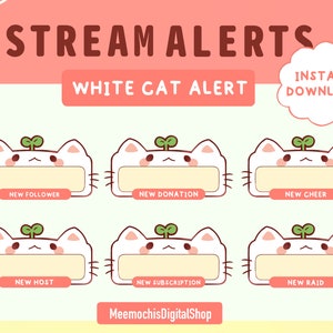 Static white cat stream alert package (6) for Twitch｜Twitch Overlays Frames Cute kawaii kitten  sprout bundle instant download green Pack