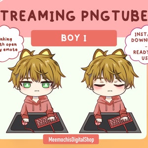 Peut inclure: Deux illustrations d'un garçon de dessin animé avec des cheveux bruns et des oreilles de chat portant un sweat-shirt rose et assis devant un ordinateur. Le garçon de gauche sourit et a les yeux ouverts. Le garçon de droite a les yeux fermés. Le texte "STREAMING PNGTUBER" est en haut de l'image. Le texte "BOY I" est au milieu de l'image. Le texte "INSTANT DOWNLOAD" et "READY TO USE" est à droite de l'image. Le texte "Blinking mouth open Happy emote" est à gauche de l'image. Le texte "MeemochisDigitalShop" est en bas de l'image.
