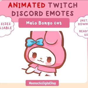Puede incluir: Emoticono animado de Discord con un gato rosa con un lazo azul, que lleva una chaqueta con capucha rosa. El texto "Melo Bongo cat" se muestra encima del gato.