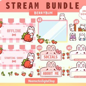 Strawberry Bunny COMPLETE Twitch Package︳Overlays Frames Emotes border screens starting soon rabbit offline Cute kawaii sub badges︳bundle