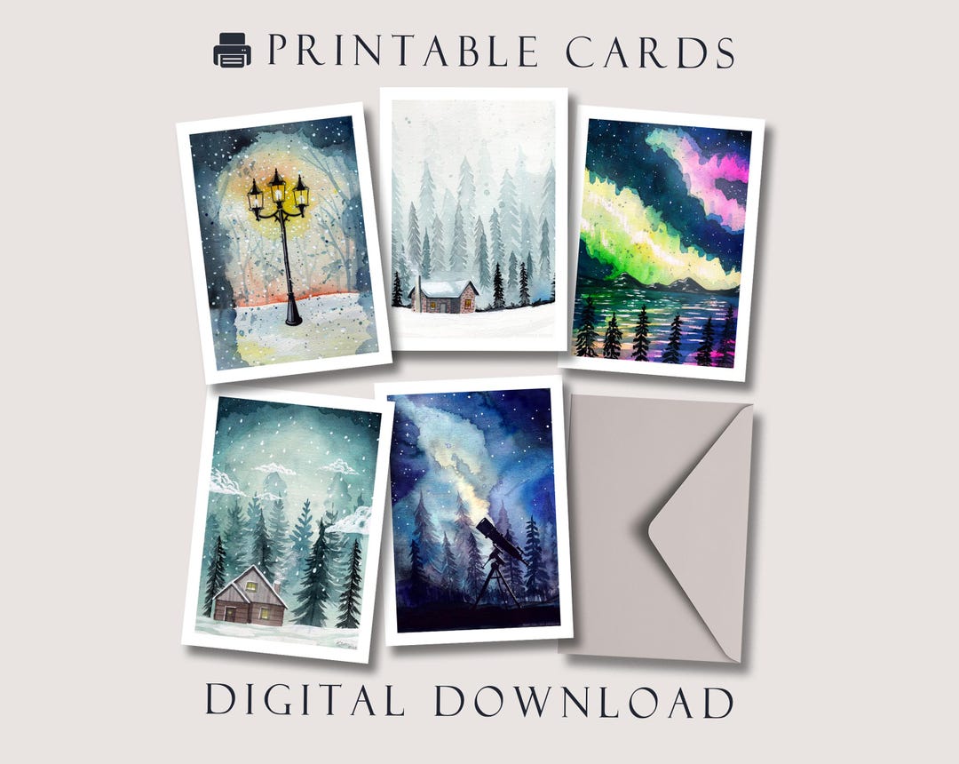 Printable Winter Landscape Card Pack, Watercolour Landscape, Cozy ...