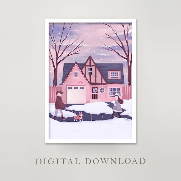 Digital Download Printable Wall Art: Pastel Pink Landscape, Large Scale Poster Print, Vertical and Horizontal, Winter Snow Illustration