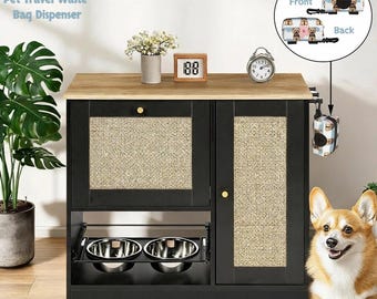 Modern Double-Door Pet Feeding Station with Elevated Dog Bowls, Customizable Pet Travel Waste Bags,  Customizable Pet Feeding Stations