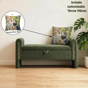 May include: A green storage bench with gold accents and a throw pillow featuring a cat photo. The pillow has a photo of two cats reaching up towards flowers. Text on the image says "Includes customizable Throw Pillows" and "Your pets Photo Here".