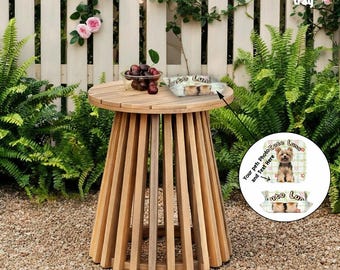 Rustic Patio Side Table, Round Side Table, Slatted Base Design, Customizable Tray, Customizable Side Table