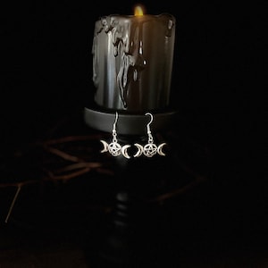 Hekate, HecateTriple moon goddess.Maiden,Mother,Crone, Crescent Moon,pentagram silver earrings for the every day witch, pagan, wiccan, goth.