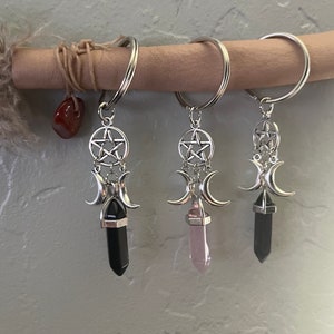 Crystal Triple Moon Goddess Key Chain, Amethyst, Rose Quartz, Black Agate Crystal,pPentagram, Key Ring, Gemstones, Hecate, Moon Phases