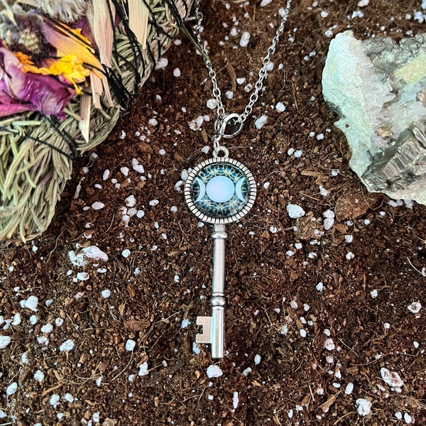 Hekate, Hecate,Triple moon key.Maiden,Mother,Crone,skeleton key, silver key necklace for the every day witch, pagan, wiccan, goth.