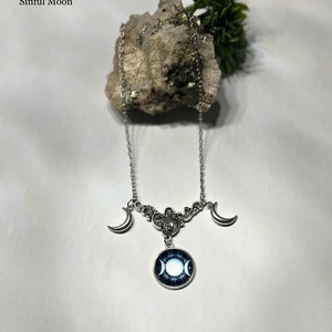 BeautifulHekate, HecateTriple moon goddess.Maiden,Mother,Crone, Crescent Moon, silver necklace for the every day witch, pagan, wiccan, goth.