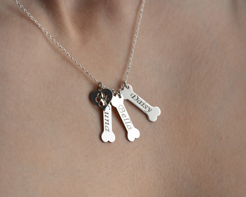 Personalized Dog Name Necklace Bone Paw Necklace Gift for Dog Lover