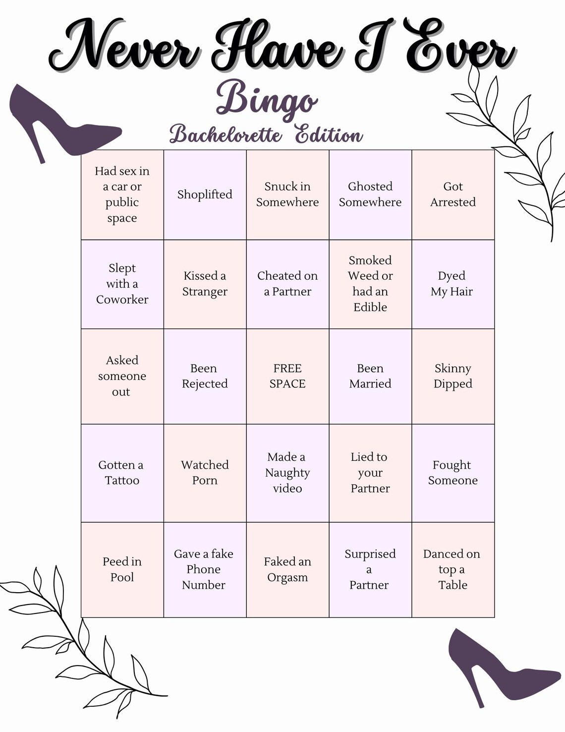 Never Have I Ever Bingo