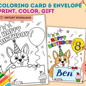 Carte à colorier imprimable joyeux anniversaire Corgi avec enveloppe à imprimer pour les amoureux des chiens