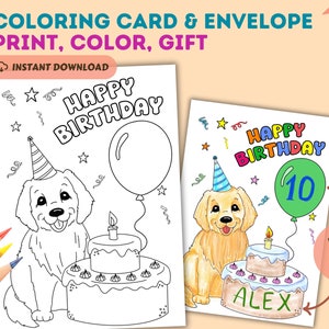 Carte à colorier imprimable joyeux anniversaire Golden Retriever avec enveloppe à imprimer pour les amoureux des chiens
