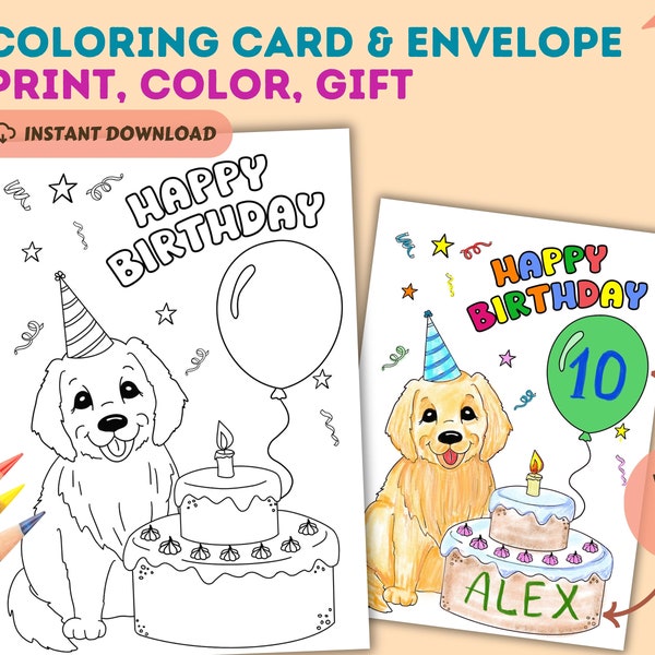 Happy Birthday Cute Golden Retriever Printable Coloring Card with Printable Envelope for Dog Lovers