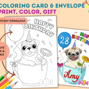 Carte à colorier imprimable joyeux anniversaire carlin mignon avec enveloppe à imprimer pour les amoureux des chiens