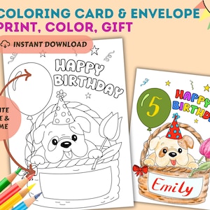 Carte à colorier imprimable joyeux anniversaire bouledogue mignon avec enveloppe à imprimer pour les amoureux des chiens