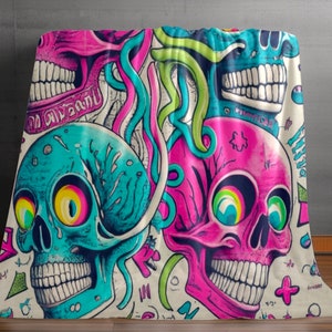 Vibrant Skulls Velveteen Plush Throw Blanket, Soft And Cozy, Twin, Queen, King Size Bed, Skull Lovers Psychedelic 90s tattoo style