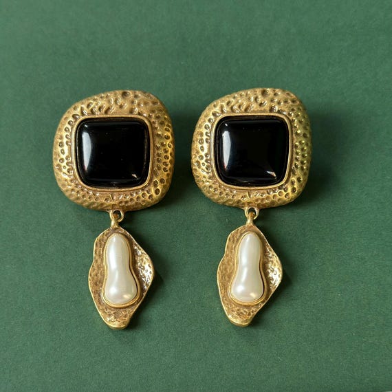 Vintage Black Irregular Hammered Pattern Drop Ear… - image 2