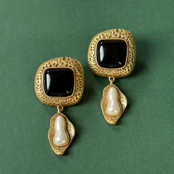 Vintage Black Irregular Hammered Pattern Drop Ear… - image 3