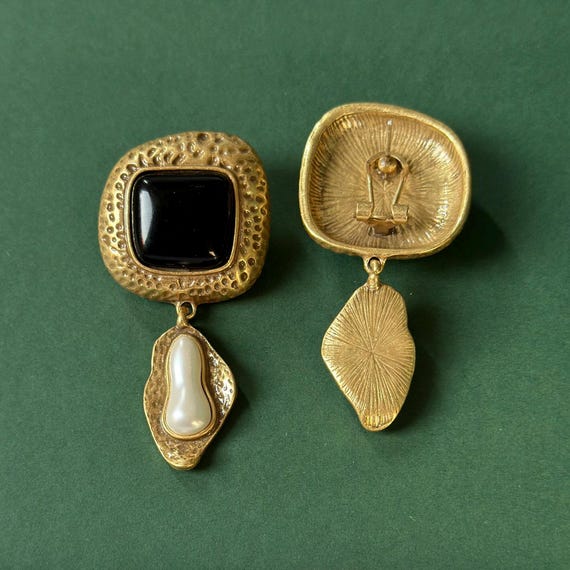 Vintage Black Irregular Hammered Pattern Drop Ear… - image 4