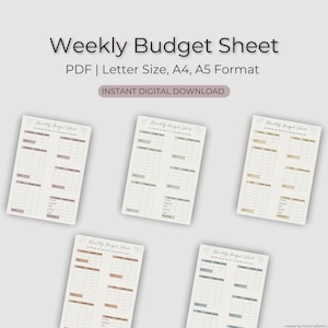 May include: Several printable weekly budget sheets in pastel colours are displayed. Each sheet, labelled "Monthly Budget Sheet", features sections for income, expenses, and budget tracking. The image also shows the text "Weekly Budget Sheet" and "Instant Digital Download".