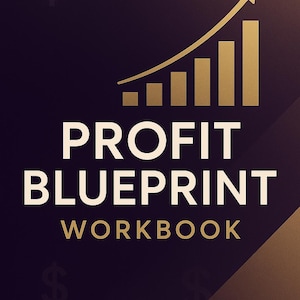 Puede incluir: Una portada de cuaderno de trabajo de color púrpura oscuro y dorado con el título "PROFIT BLUEPRINT WORKBOOK" en letras blancas y doradas. La portada también incluye un gráfico ascendente dorado y el texto "FINANCIAL SUCCESS FOR DANCE STUDIOS".