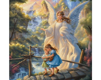 Op de afbeelding: Een schilderij van een engel met grote witte vleugels, die twee kinderen over een stenen brug leidt. De engel draagt een witte jurk en heeft een halo. De kinderen dragen blauwe en groene jurken en houden elkaars hand vast. De achtergrond is een weelderig groen bos met een waterval in de verte.