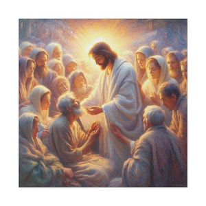 May include: A painting depicting a man in a white robe with a halo, surrounded by a group of people. The man is reaching out his hand towards a person in front of him. The painting is done in a realistic style with soft colors and a warm glow.