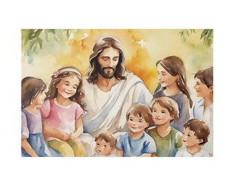 Jesús con niños lienzo estirado, reproducción de pintura de niños de Jesús, obras de arte cristianas originales únicas para niños y guarderías para niños y niñas