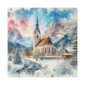 May include: A watercolor painting of a church in a snowy mountain landscape. The church is a traditional style with a tall steeple and a red roof. The mountains are covered in snow and the sky is a light blue with pink clouds.