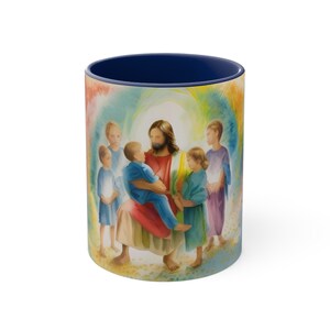 Jesus with the Children | Jesus Caries the Cross | Religious Coffee Mug | 11 oz White Ceramic | Christian Mugs for Women Men & Kids Novelty