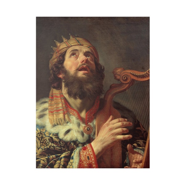 King David Plays the Harp Wall Art 1622, Classic Gerard van Honthorst Reproduction Painting, Famous Jewish Print Bible Decor Old Testament