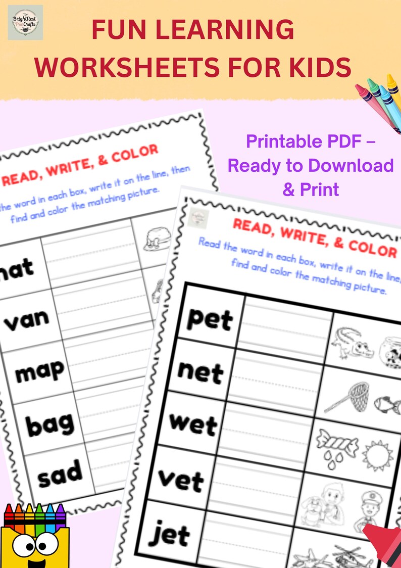 Read Write & Color Worksheets | Instant Download Printable | Kids ...