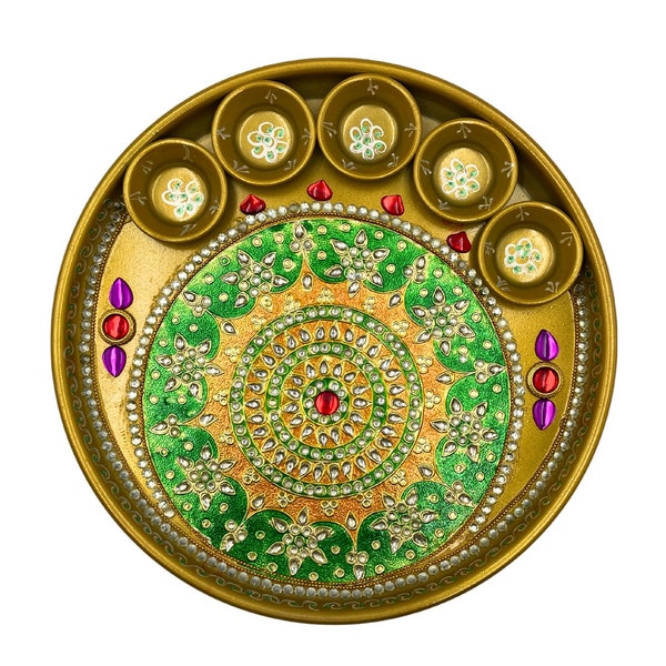 Metal Hand Painted Pooja Thali, Aarti, Haldi Kumkum, Rice, Incenses Holder, Diya, Water plate, Housewarming Gift, Return Gift Free Shipping