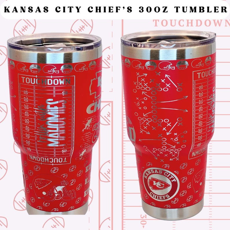 May include: A red 30oz stainless steel tumbler featuring a Kansas City Chiefs logo and a football play design. The tumbler has a silver lid and a silver base. The text "TOUCHDOWN" is printed on the tumbler.