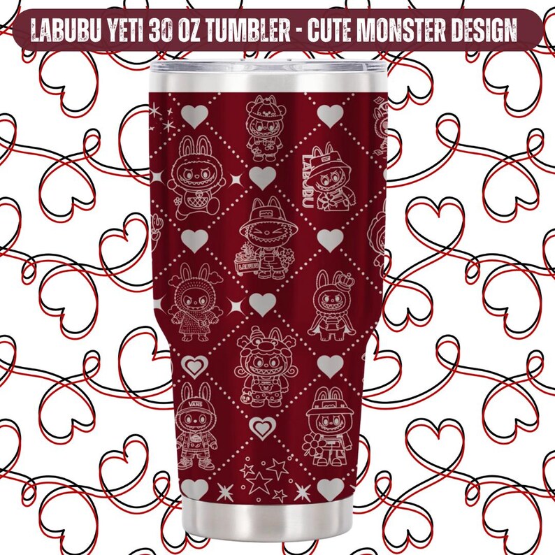 Puede incluir: Un vaso rojo de 887 ml con un dise&ntilde;o de monstruos lindos. El vaso presenta un patr&oacute;n repetido de monstruos de dibujos animados, corazones y estrellas. El texto "LABUBU YETI 30 OZ TUMBLER - CUTE MONSTER DESIGN" est&aacute; impreso en la parte superior.