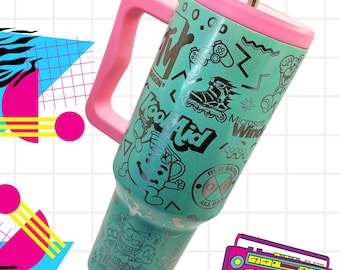 90s Retro Theme 40oz Tumbler: Mint Green Laser Engraved with Bucket Hat