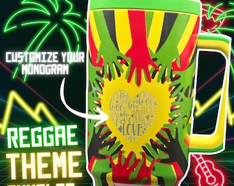 Laser Engraved Reggae Tumbler: Personalized Monogram, One Love Theme