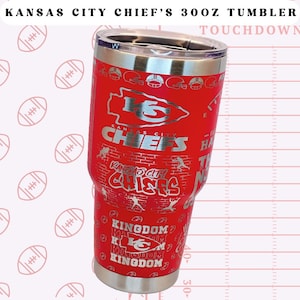 May include: Red stainless steel 30oz tumbler featuring a Kansas City Chiefs logo and various team-related graphics. The tumbler has a silver lid and a silver base.