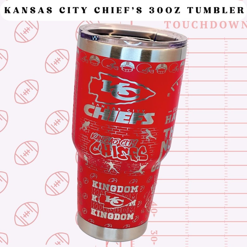 May include: Red stainless steel 30oz tumbler featuring a Kansas City Chiefs logo and various team-related graphics. The tumbler has a silver lid and a silver base.