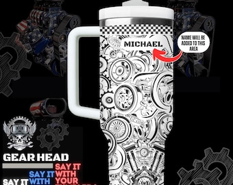 Personalized Gearhead Tumbler 40oz: Laser Engraved Stainless Steel with Free Slate Coaster.